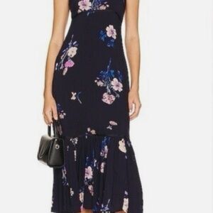 Free People Navy Floral Midi Dress with Ruffled Hem